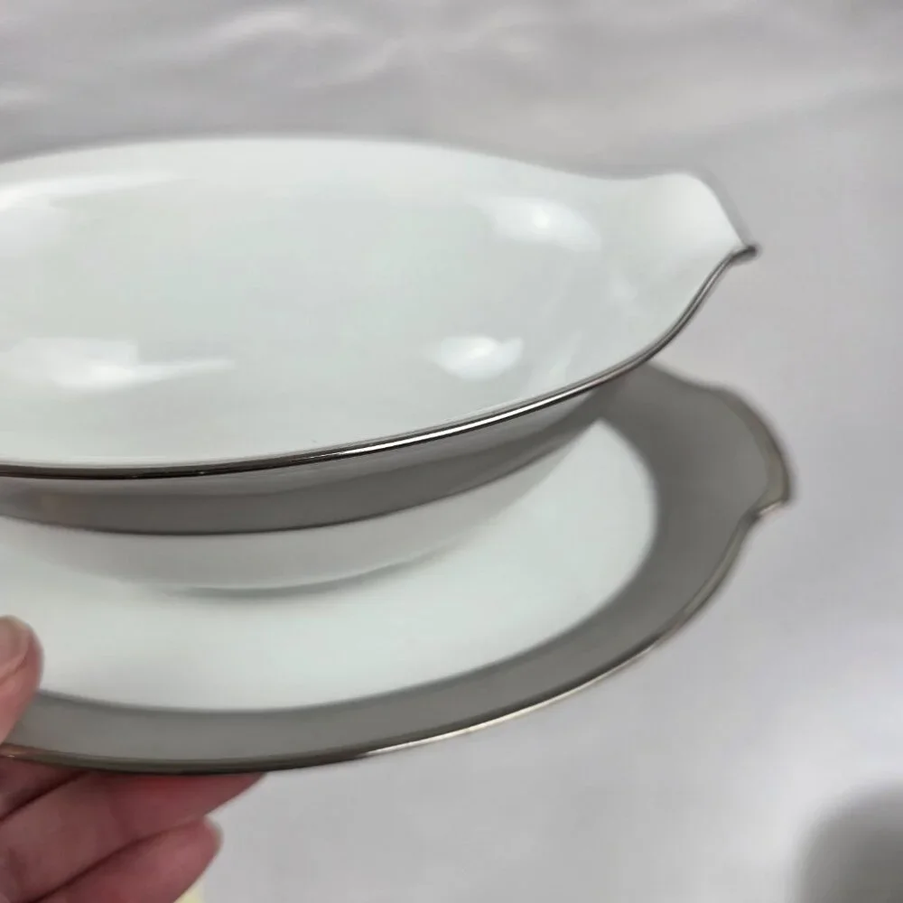 Sango Plantina Gravy Boat with Underplate Gray Band Platinum Trim